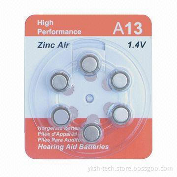 A13 Hearing Aid Button-cell battery, Zinc-air Battery Type, 1.4V 280mAh, High Performance